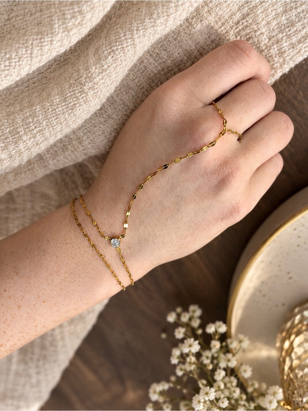 Mayamar Gold Crystal Ring Bracelet Hand Chain 20K Gold Plated